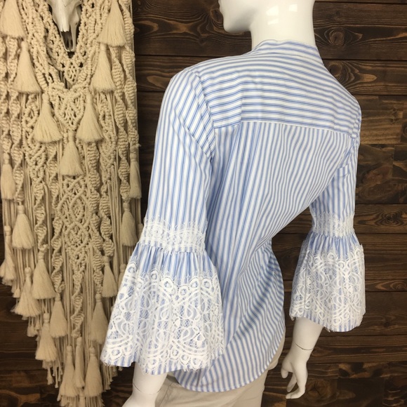 Anne‎ Klein | Striped Lace Bell Sleeve Button Down Blouse - Picture 2 of 7